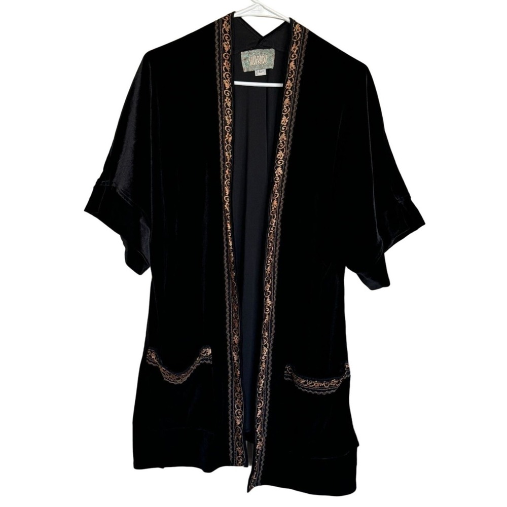 Silverado Black Velvet Kimono Jacket Gold Embroidered Boho Cardigan  L‎ j2 - Picture 2 of 8